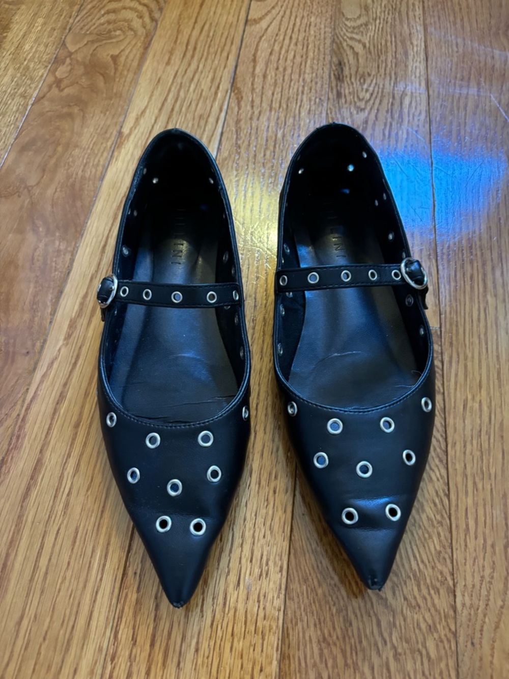 Black Grommet Mary Jane Flats - Women's Pointed Toe